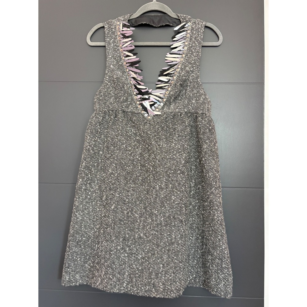 Anna Sui Grey Tweed Sequin Embellished V-Neck Mini Dress Sleeveless Size 9